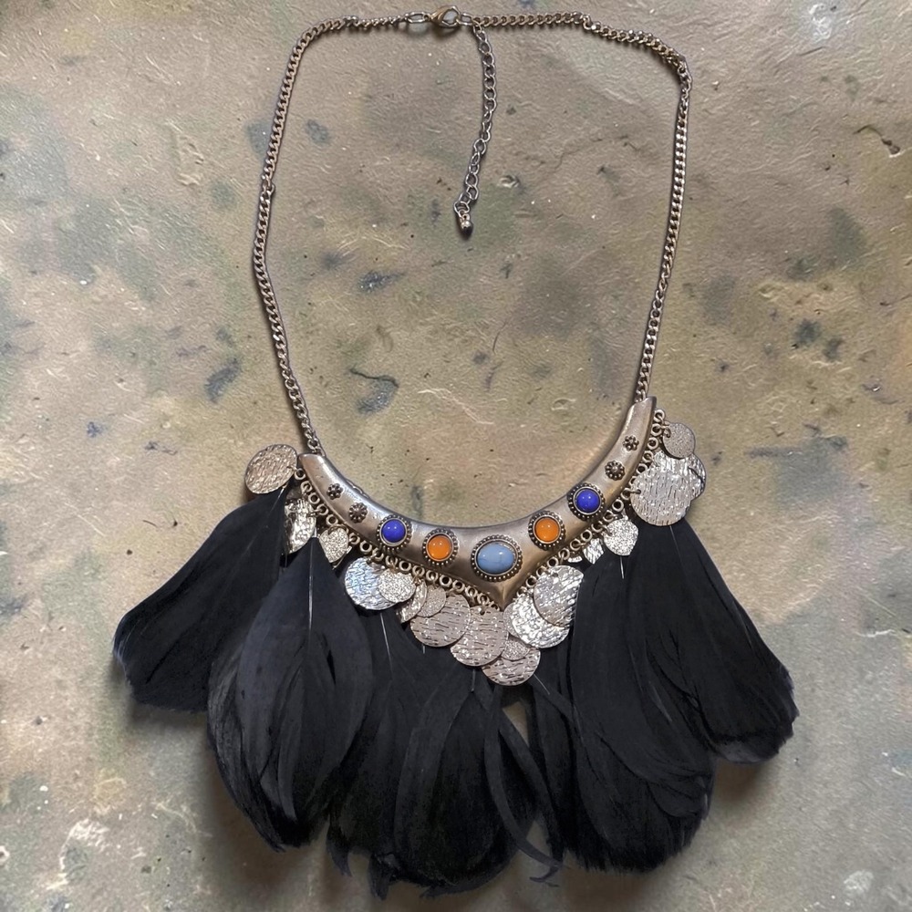Boho Black Feather Gold Tone Bib Statement Necklace
